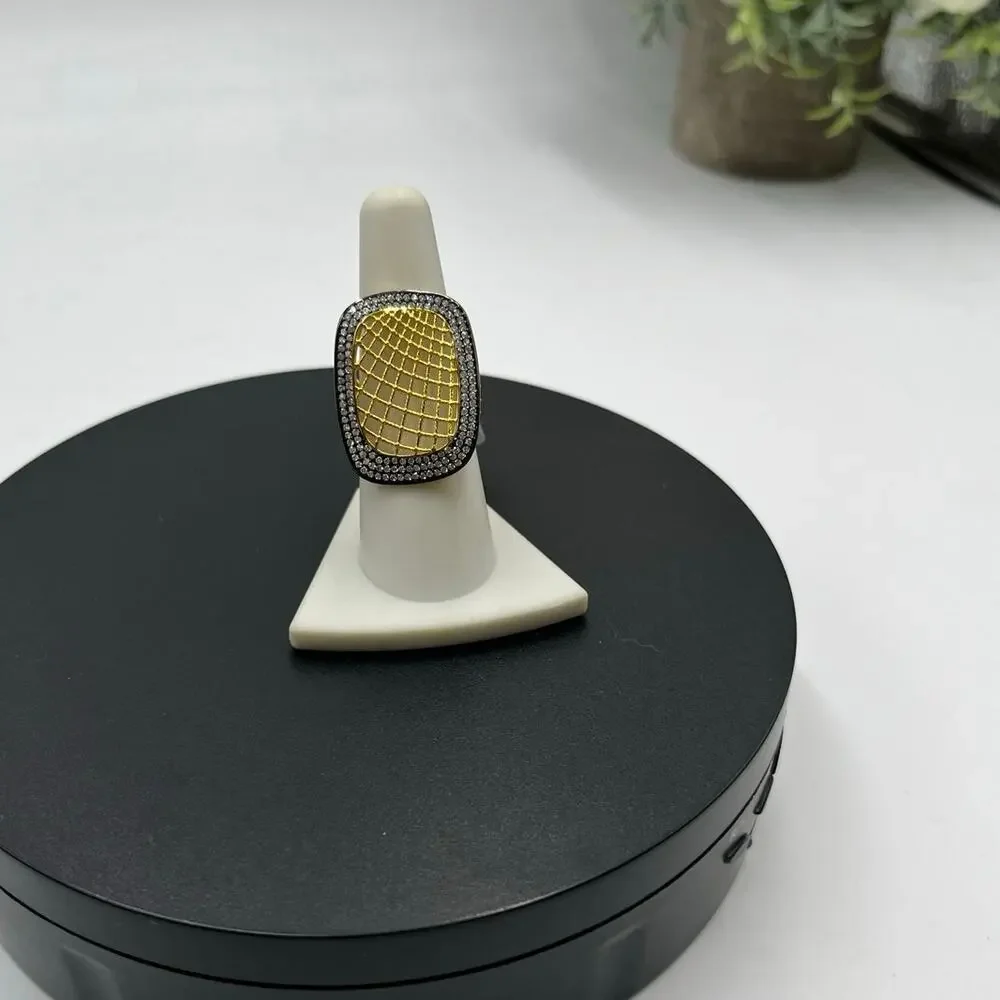 Sterling Silver Vermeil Signed‎ Spider Web Weave CZ Pave Ring Sz 7.5 New